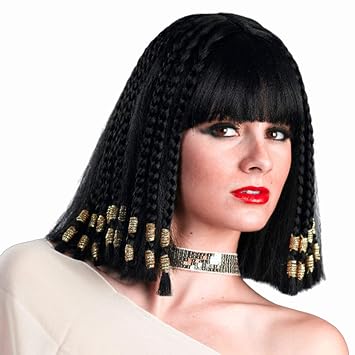 Egyptian Queen Cleopatra - Black Egyptian Queen Nefertiti Ptolemaic Pharaoh with Beaded Braids & Straight Bangs for Women, Halloween & Cosplay with MaxWigs Care Guide