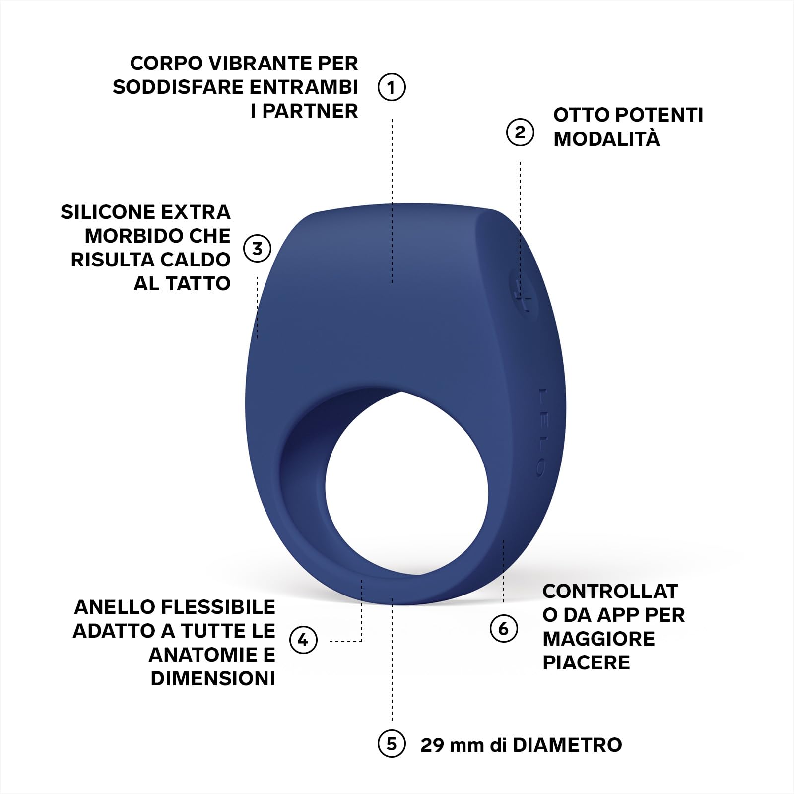 LELO TOR 3 Anello Vibrante, Connesso con l'App con 8 Impostazioni per una Sensazione Ottima, Base Blu