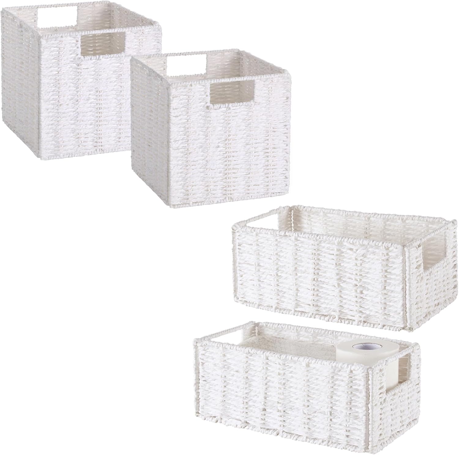 Vagusicc Wicker Baskets for Storage, Set of 4 Hand-Woven Wicker Storage Baskets for Shelves, Cube Storage Baskets Bins with Handles, Wicker Basket for Organizing Pantry Bedroom, White