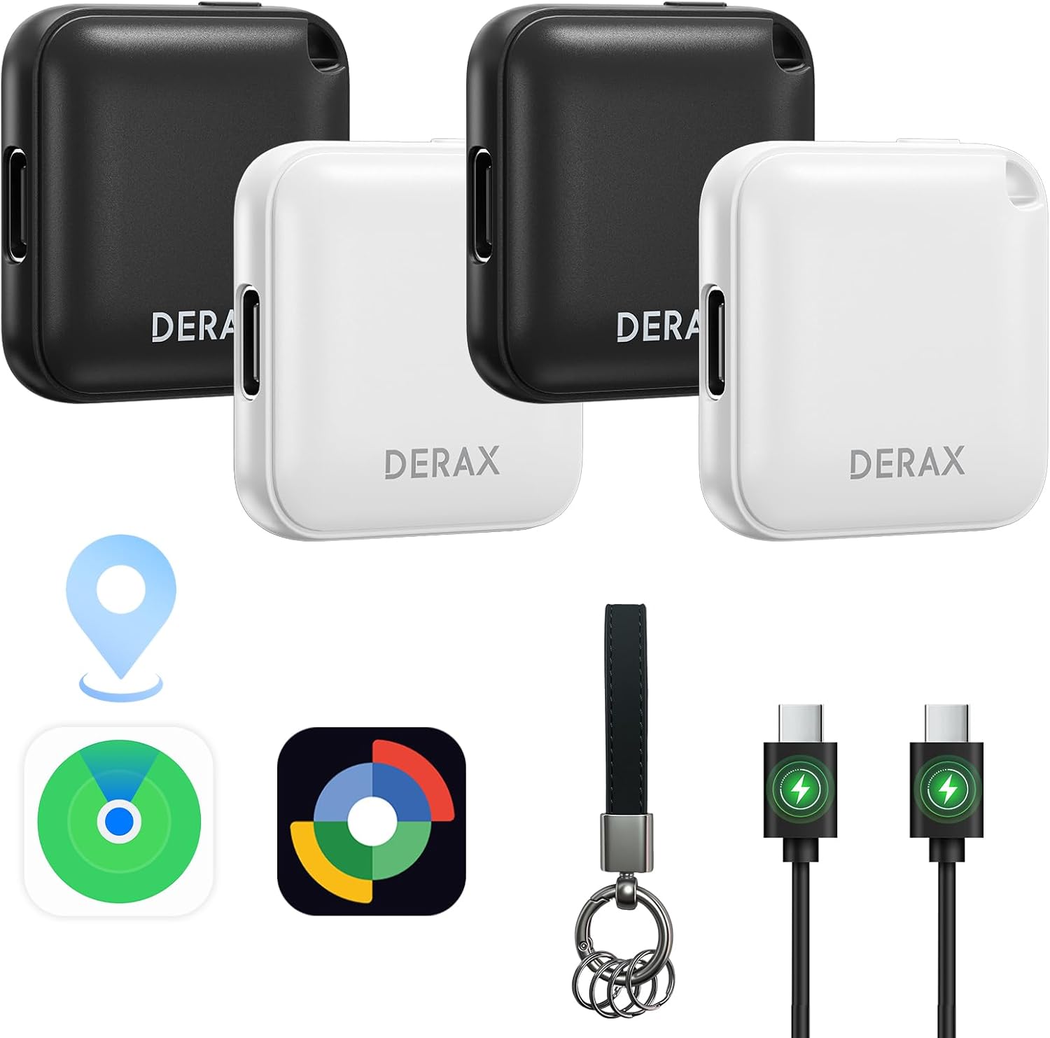 DERAX Bluetooth Tracker 4 Pack - USB-C Rechargeable Tracker Tag Compatible with Find My Device, Works with iOS and Android, Anti Lost Item Finder for Keys Wallet Luggage Backpack, Black & White