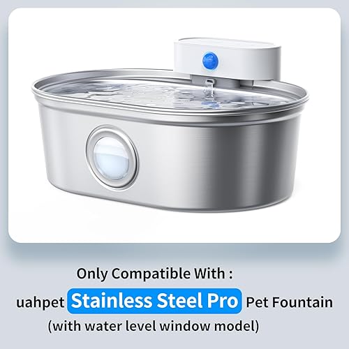 Miniatura 2 de uahpet Fuente de agua para gatos de acero inoxidable Pro (con versión de ventana de nivel de agua) Entrada y salida de agua, accesorios de silicona