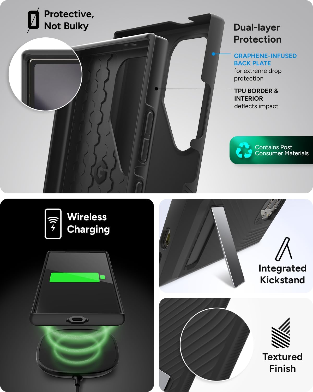 ZAGG Denali Samsung Galaxy S24 Ultra Case with Kickstand - Graphene-Infused Dual Layer Protection, 16ft Drop Resistant, Eco-Friendly Design, Black
