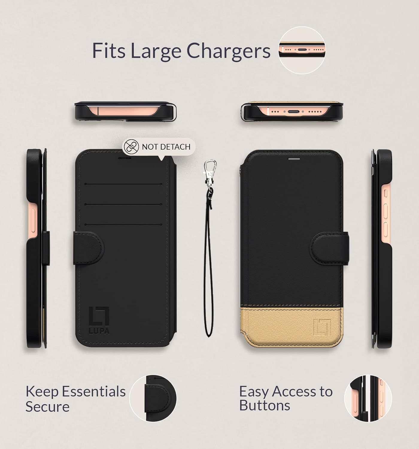 Compatible with iPhone 14 Wallet Case for Women and Men, Case with Card Holder [Slim & Protective] for Apple 14 (6.1”), Vegan Leather i-Phone Cover, Black and Gold, Golden Dusk [Includes Wristlet]