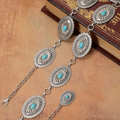 Image of WHIPPY Western Metal Concho Belt for Women Vintage Cowgirl Boho Turquoise Chain Belts for Dresses Jeans