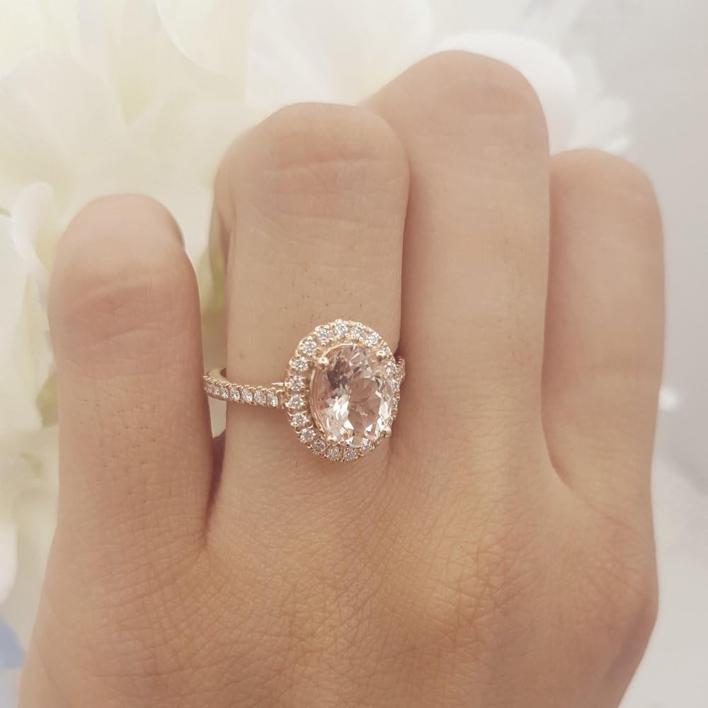 Dazzlingrock Collection Oval Cut Morganite & Round Cut White Natural Diamond Women Halo Bridal Engagement Ring, 14K Rose Real Solid Gold