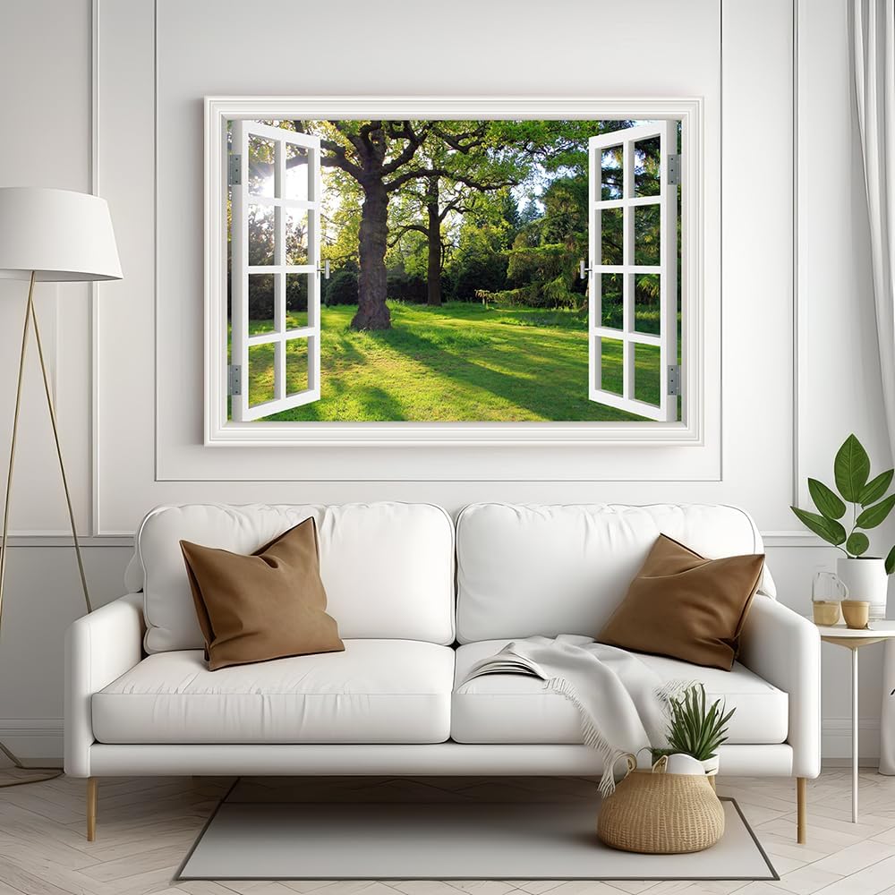 3D Open Window Scenes Framed Wall Art Sunshine Garden Park Green Trees Forest Canvas Art Wall Decor Natural Landscape Art Painting for Living Room Dorm Bedroom Home Office Decorations - 12x16 inches