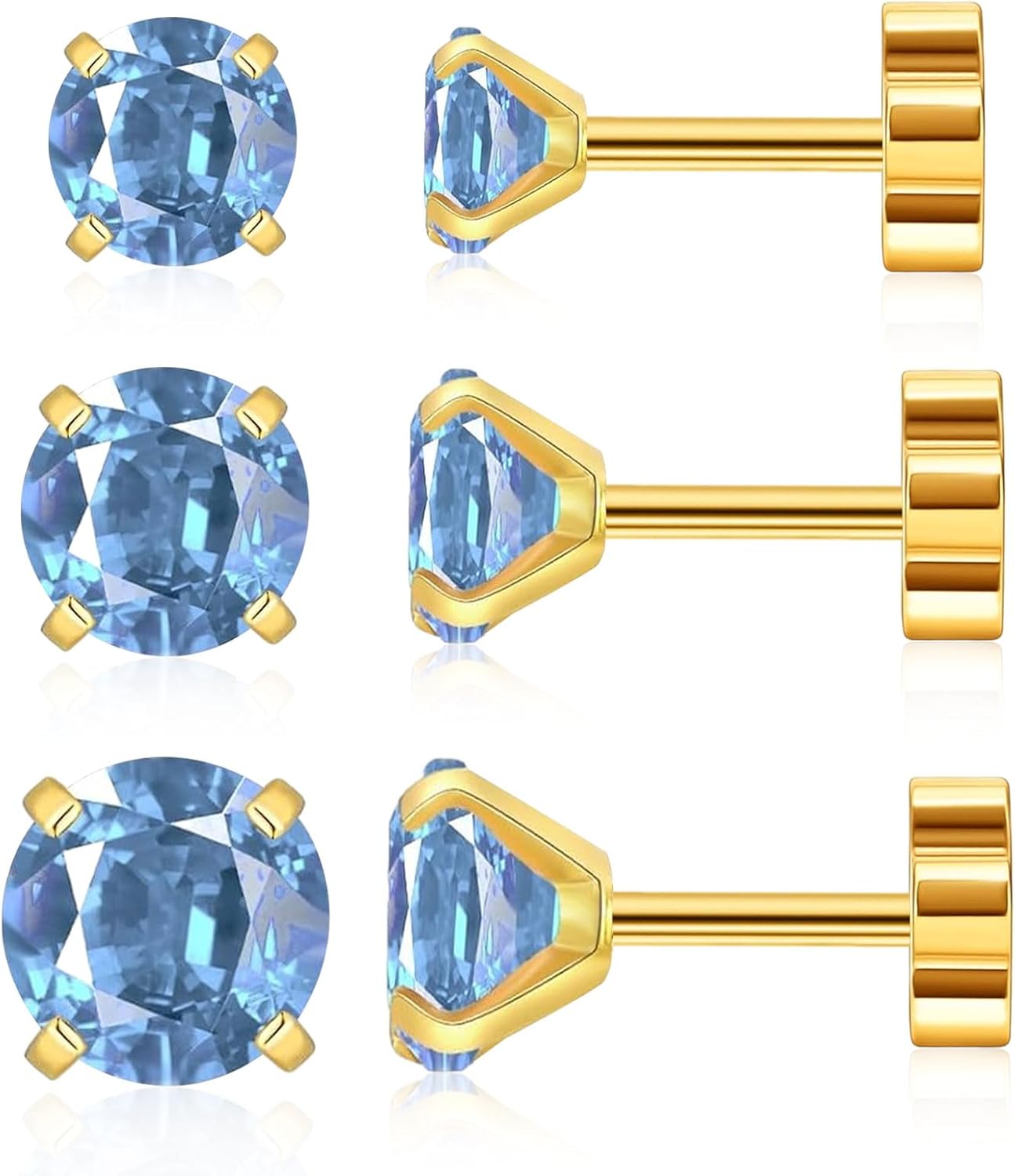 CZ Stud Flat Screw Back Earrings for Women, 3 Pairs Handmade Gold Plated Screw 3 4 5mm Cubic Zirconia Earrings Hypoallergenic Cartilage Piercing Jewelry