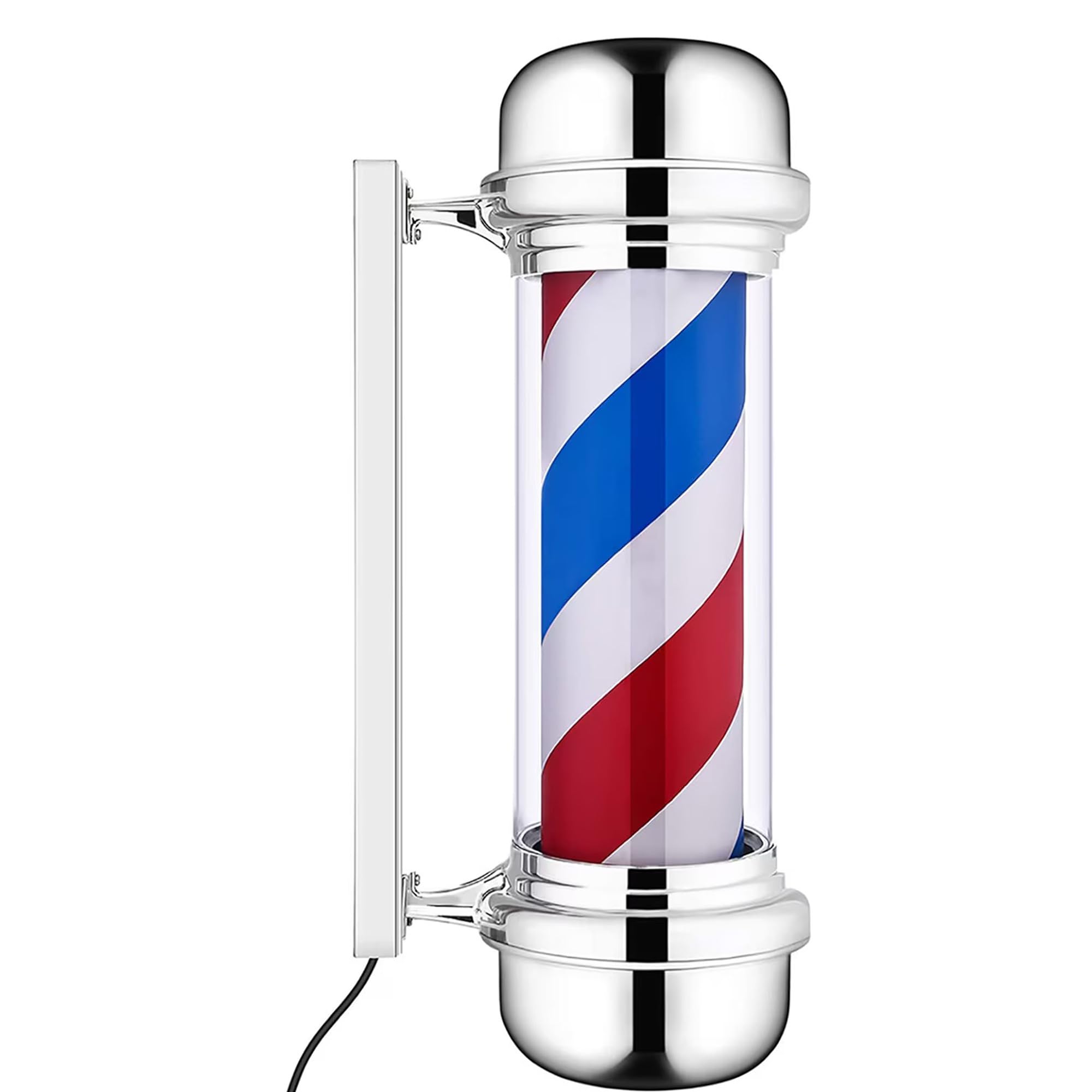 HELCEKOU Barber Pole Light with Rotating Red White Blue Stripes, Wall Mount Salon Decor, Energy-Saver Classic Fixture for Hair Salons, Barbershop, Hairdresser(Silver 70cm)