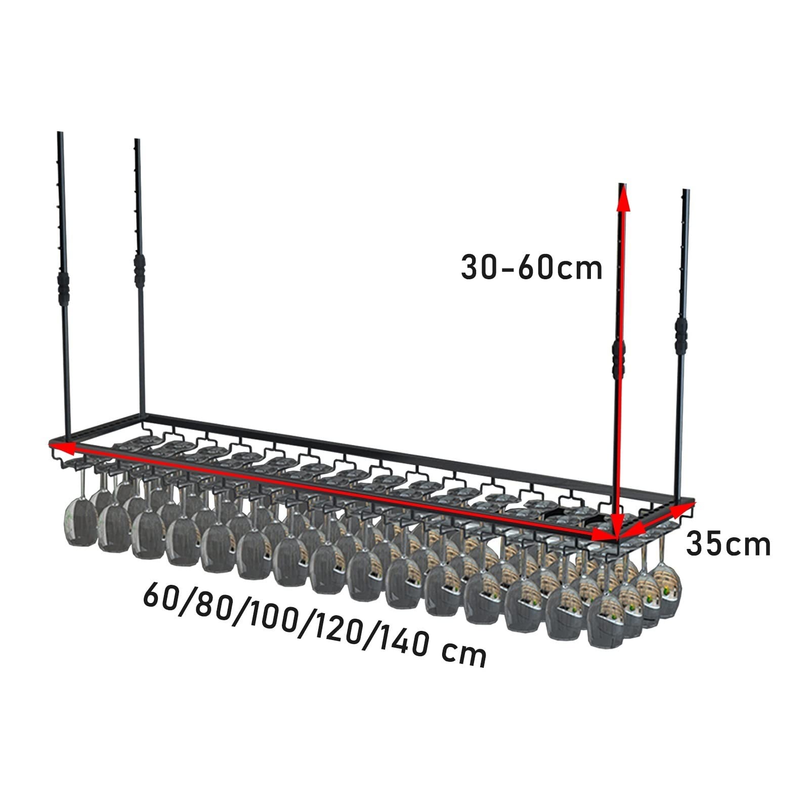 Estante para vinos para Colgar en el Techo/Estante para Copas de Vino bajo el gabinete/Soporte para Copas de Vino invertido/Estante de Almacenamiento Ajustable/Negro