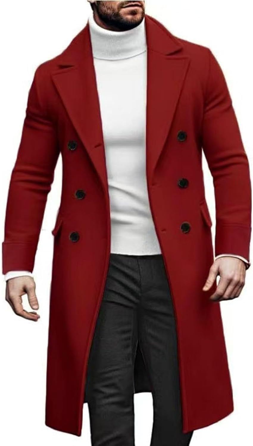Ymosrh Men's Casual Trench Coat Notched Collar Long Jacket Overcoat Double Breasted Pea with Pockets, M-3XL