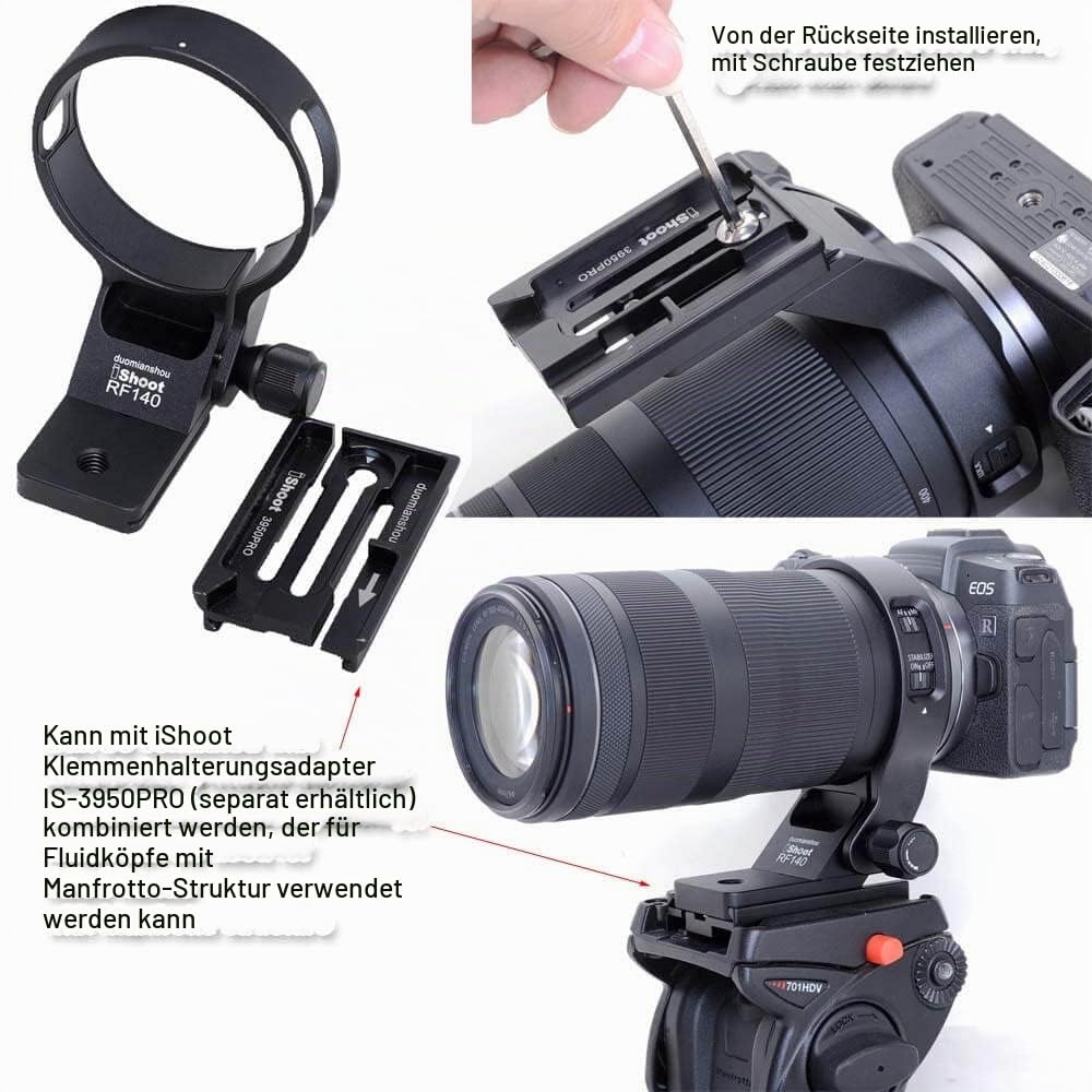 iShoot Stativhalterung, Ringlinsenhalsband, kompatibel mit Canon RF 100–400 mm f/5.6–8 is USM, Objektivhalterung, Unterseite ist Arca-Swiss Fit Schnellwechselplatte Schwalbenschwanznut
