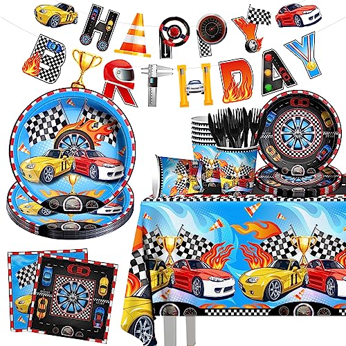 Race Car Birthday Party Supplies-142Pcs Racing Themed Plates And Napkins Set Boys Birthday Checkered Flag Two Fast Race Car Tableware Black Racetrack Race Car Decorations #TOP19