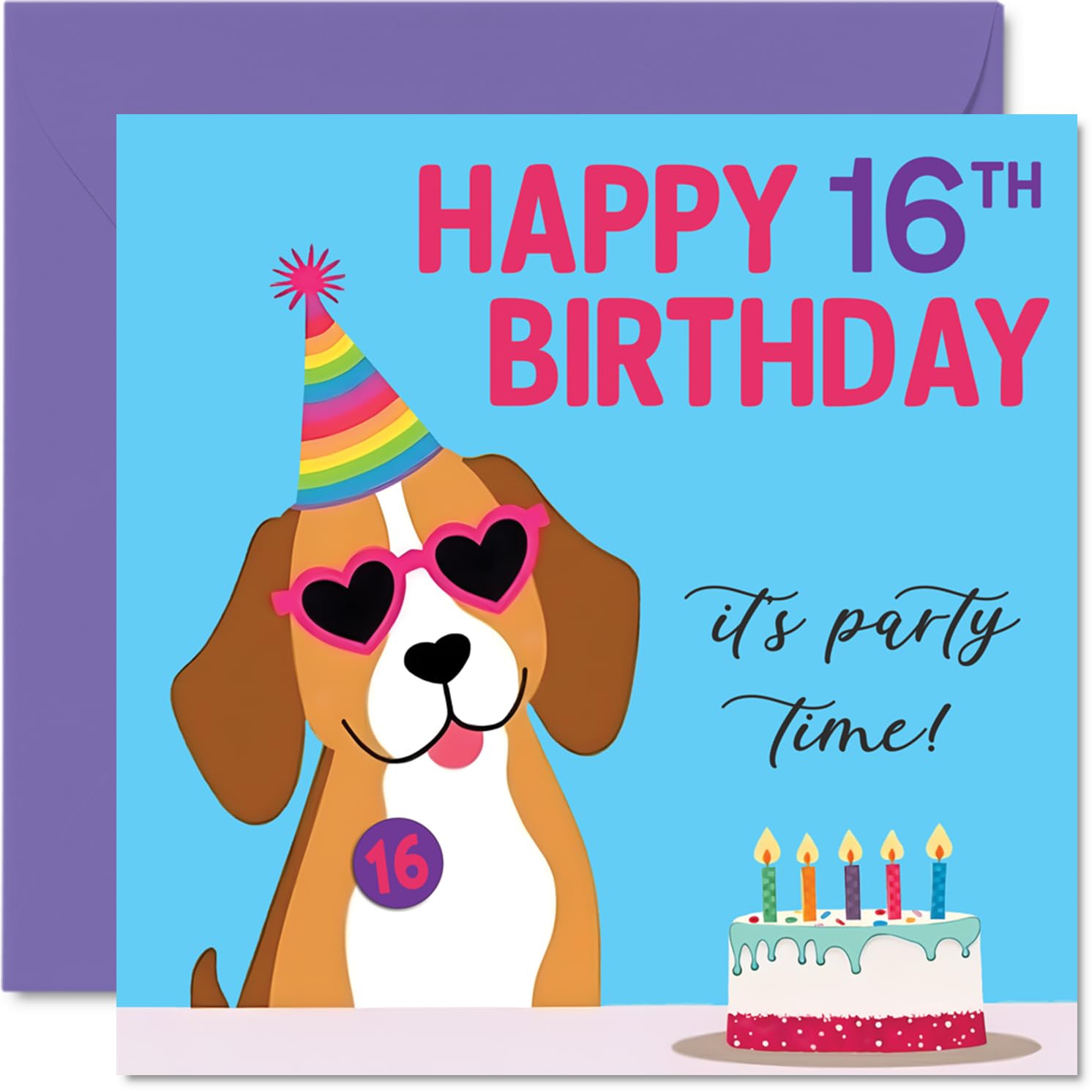 16th Birthday Cards for Girls Boys - Doggy Party - Happy Birthday Card for 16 Year Old Girl Boy Cousin Daughter Grandson Son, 145mm Bday Greeting Cards