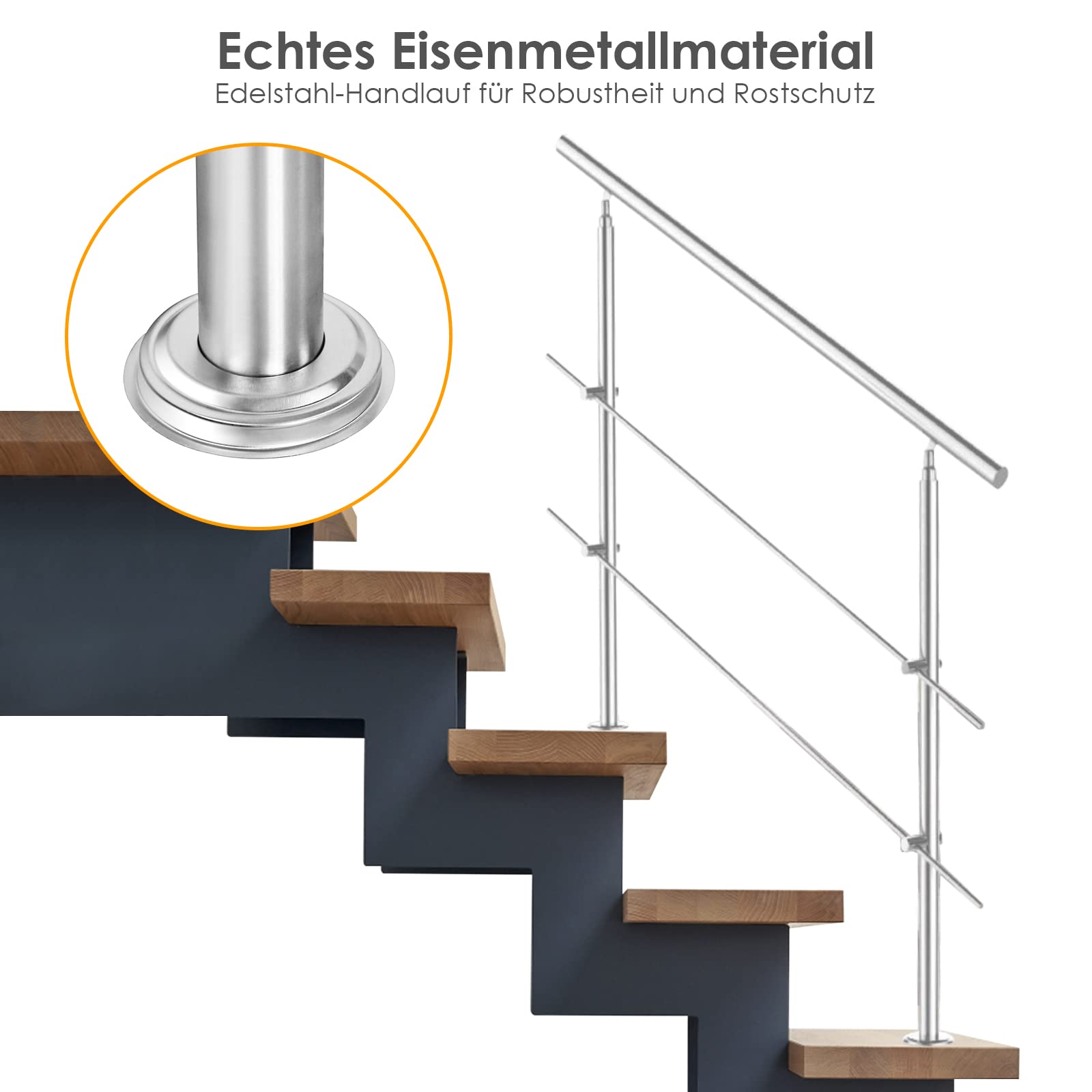 Treppengeländer 80cm mit 2 Querstreben, Edelstahl Handlauf Winkelverstellbar, Geländer für Innen und Außen