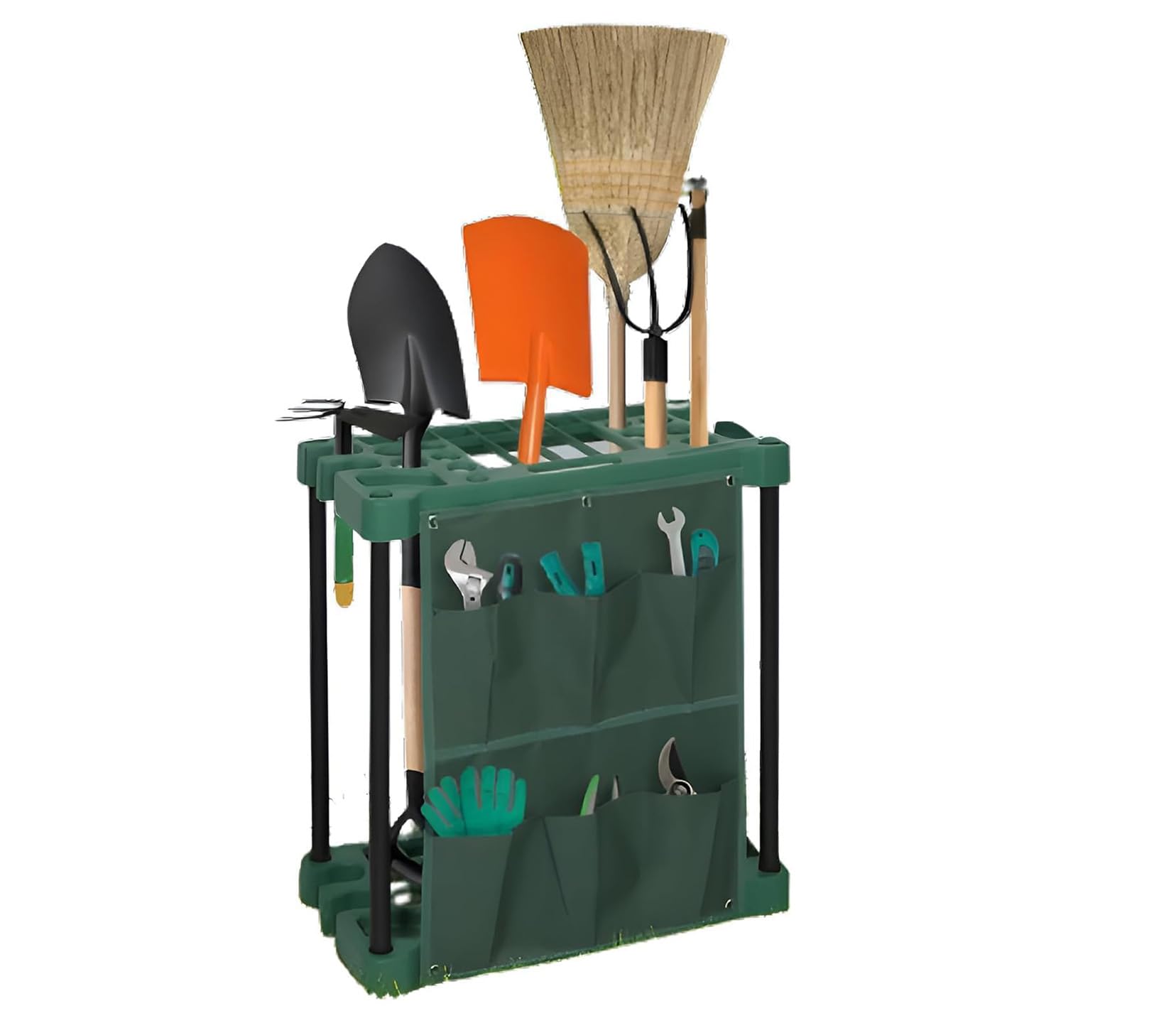 Premzo Green/Black Garden Tidy Tool Rack Shed Storage Organiser Equipment Caddy Gardening Accessories Holder Stand Garage Yard Space Saving Rakes, Shovels & More (With Pocket)