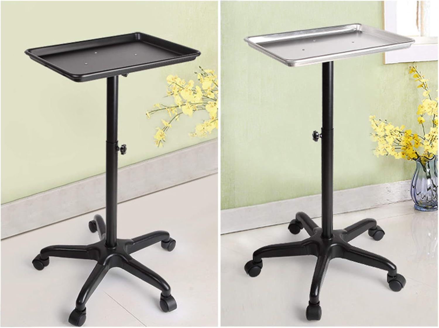 KinHall Rolling Salon Tray Cart - Height Adjustable Mobile Tattoo Medical Tool Storage Trolley, Hairdressing Beauty SPA Stool Service Instrument Storage Tray Service Stand - Black (17.7" x 12.9") : Beauty & Personal Care