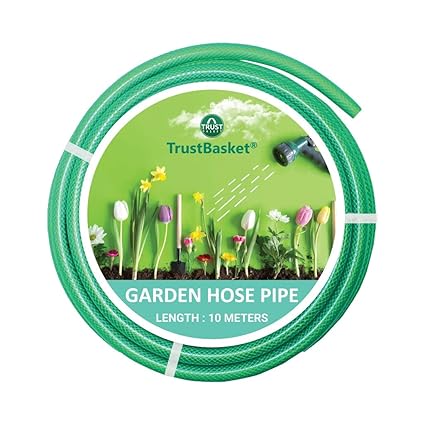 TrustBasket Heavy Duty Highly Durable PVC Plain Green Braided Water Hose Pipe (10 Meter) with Water Tap Adapter & 2 clamps - Easy to Connect for Home Gardening, Lawn, Car Wash, Pet Bath.