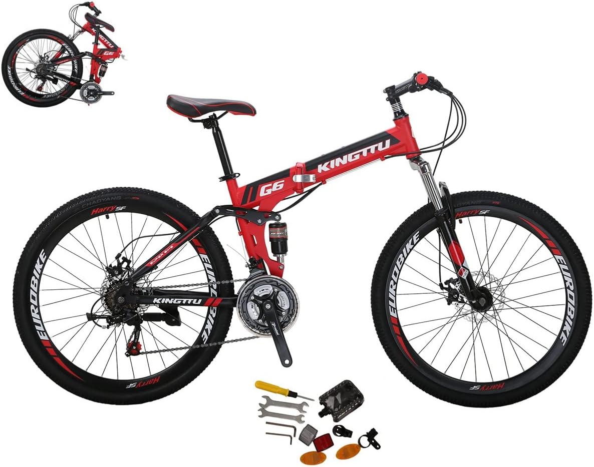 Eurobike Adult Folding Bike HY G6 Bicycle 26 Inches Muti Spoke Wheels 21 Speed Dual Suspension Folding Mountain Bike (Red)