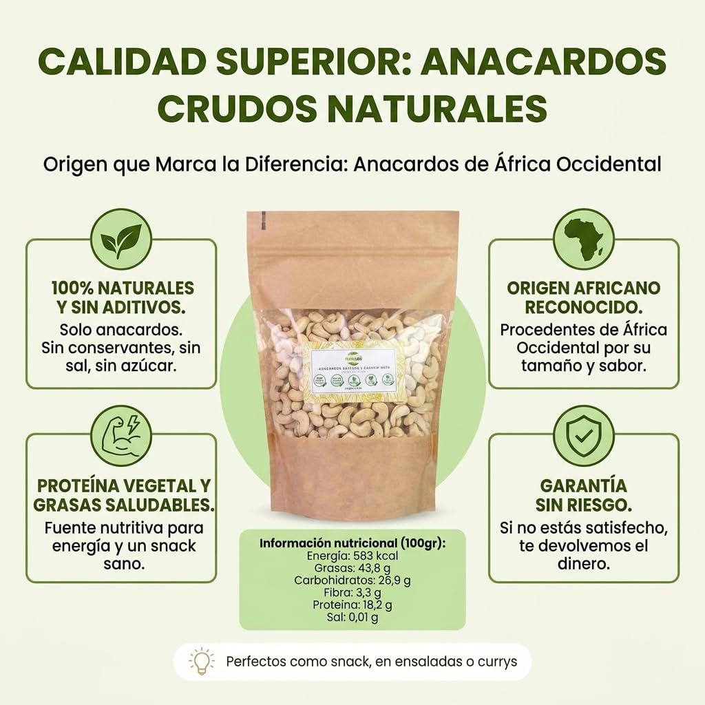 Natuvid | Anacardos Crudos Naturales 1kg | Anacardos Sin Tostar ni Sal | 100% Naturales | Snack Saludable Rico en Proteína Vegetal | Veganos | Origen África Occidental | Sin Conservantes ni Aditivos