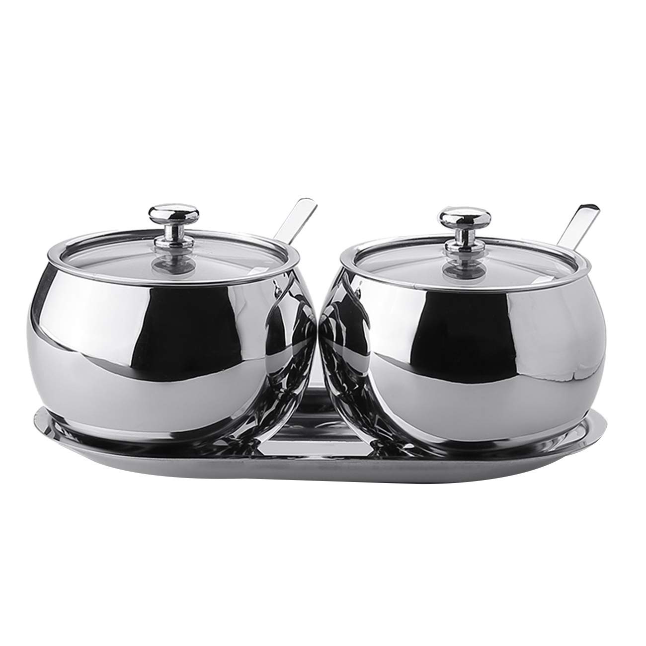 XINGYU Sucrier avec Couvercle et cuillère, 2 bocaux à épices en Acier Inoxydable Set Pots à Condiments, Argent