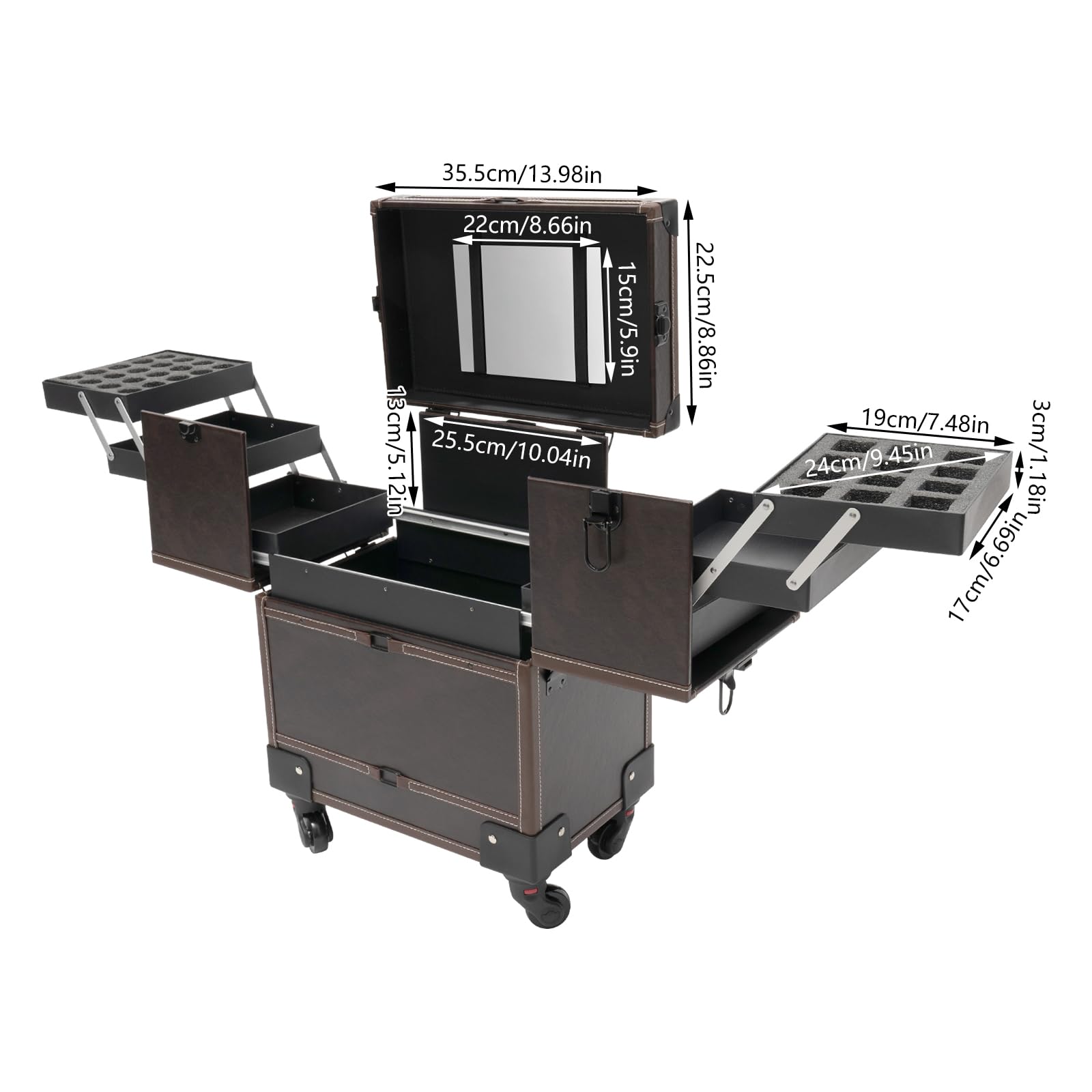 Kosmetikkoffer Trolley - Kosmetikkoffer mit Spiegel 37x24.3x101cm Make up Koffer Schminkkoffer mit Rollen Friseurkoffer für Reisen, Geschenkidee (Dunkelbraun)