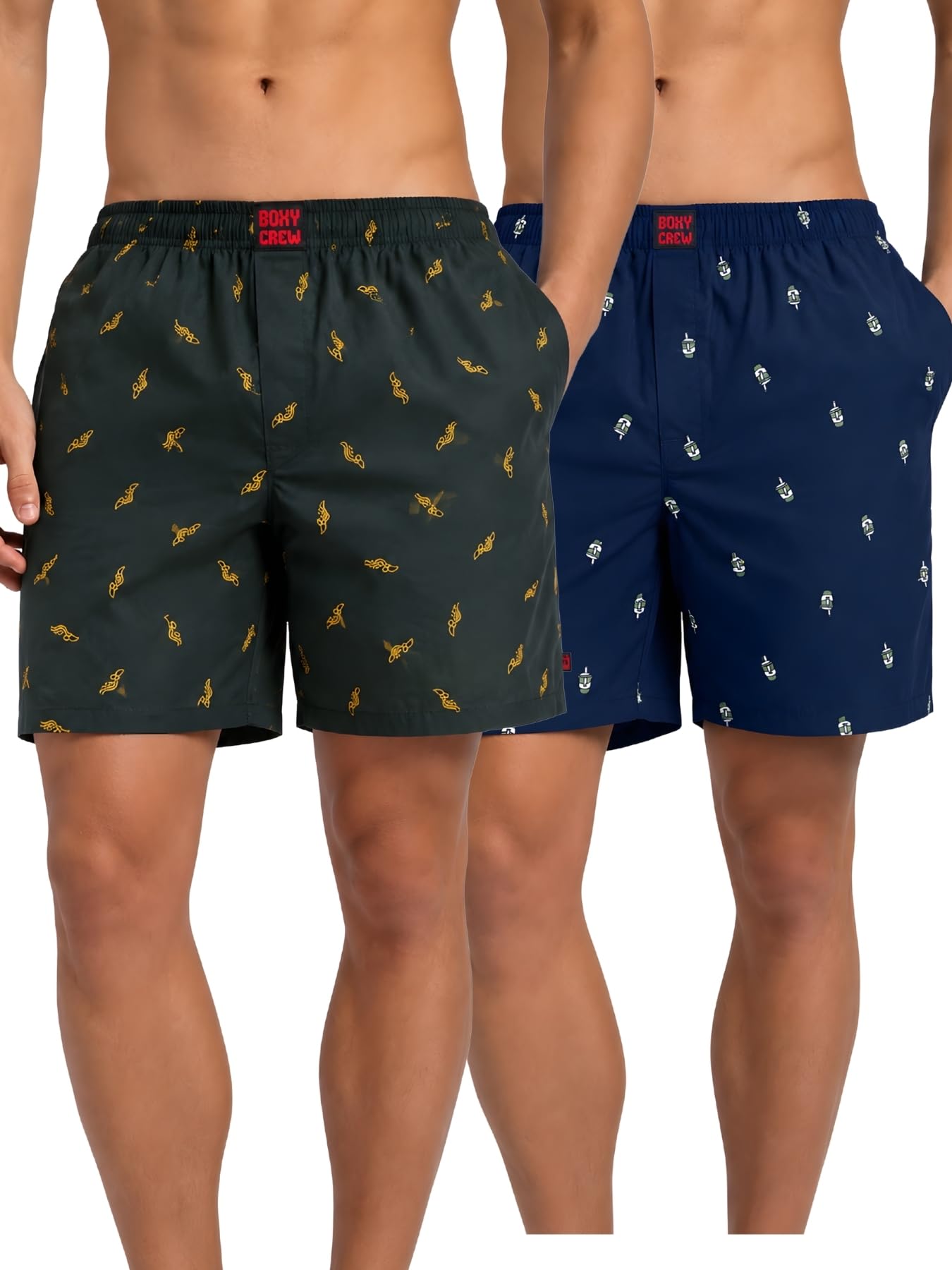 boxy crew Men Boxer Shorts Pack of 2, 100% Cotton Woven Boxers, Dark Teal & Navy Blue, Printed Designs, Dual Side Pockets, No-Marks Inner Elastic Waistband, Relaxed Fit Lounge & Sleep Shorts-picture-42
