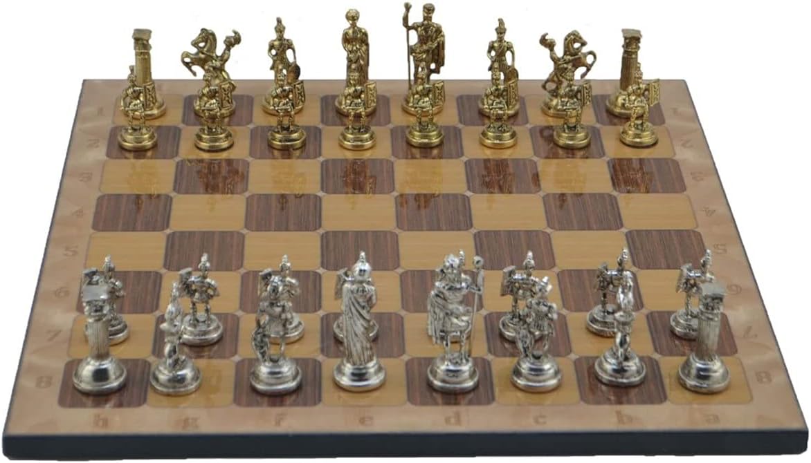 Metal Chess Set for Adults Medium Roman Figures,Handmade Pieces and Different Design Wooden Chess Board (Rustic)