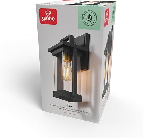 Miniatura 8 de GLOBE 60000028 - Lámpara de pared eléctrica para exteriores, 1 luz, color negro mate, acento de latón, pantalla de vidrio transparente con semillas,