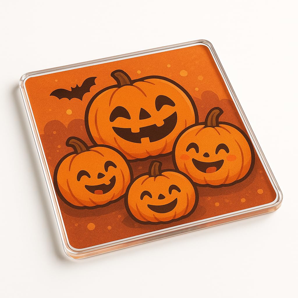 The Plum Penguin Pumpkin Whimsy Charming Acrylic Coaster Gift - Cartoon Halloween Design With Pumpkins - Fun Decorative Home Accessory