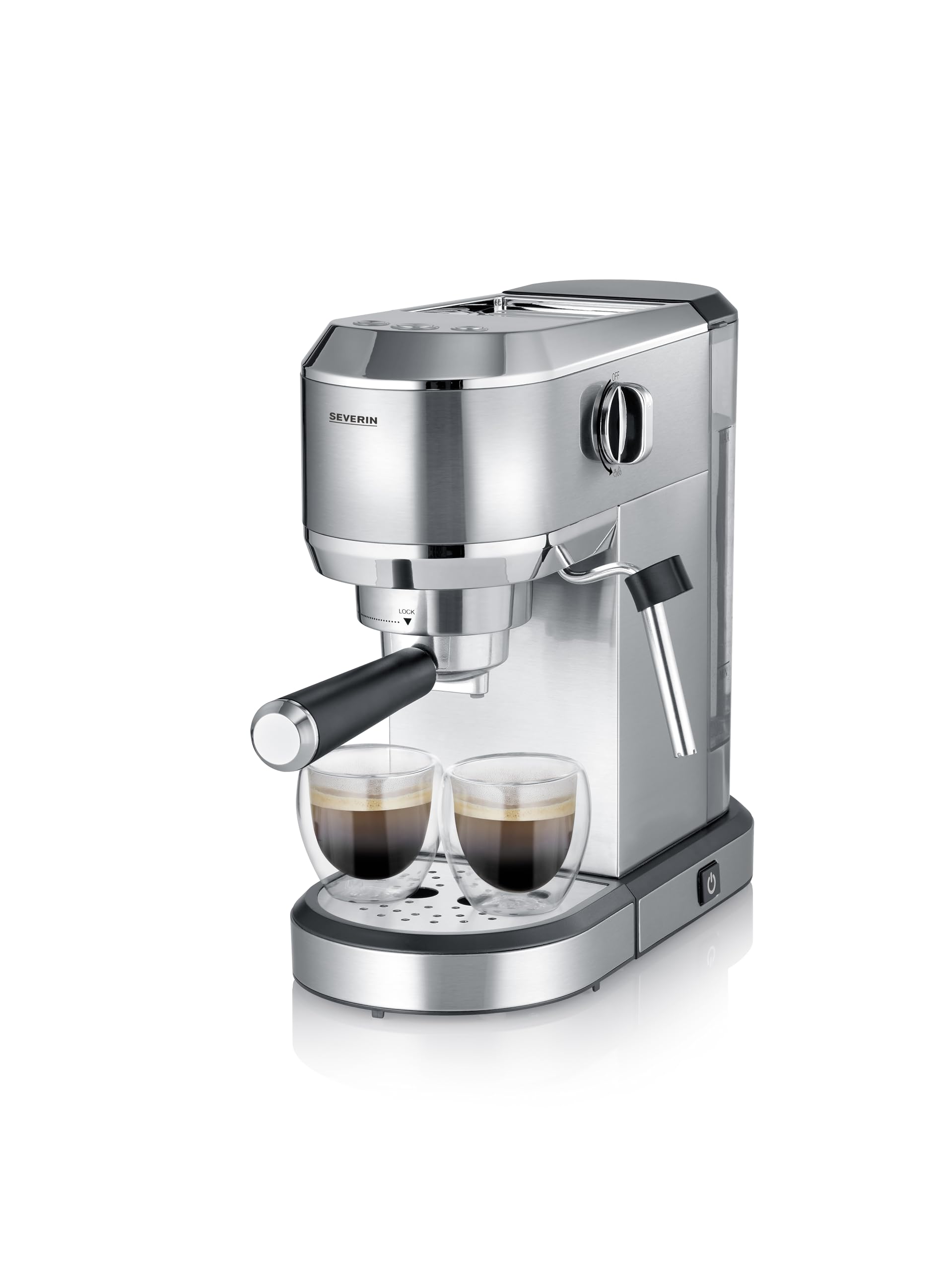 SEVERIN Cafetera espresso ‘Newspresa’, bomba ULKA de 20 bares, boquilla para espumar leche, depósito de agua de 1 litro, para una o dos tazas, color plata, acero inoxidable, 1350 W, KA 5997
