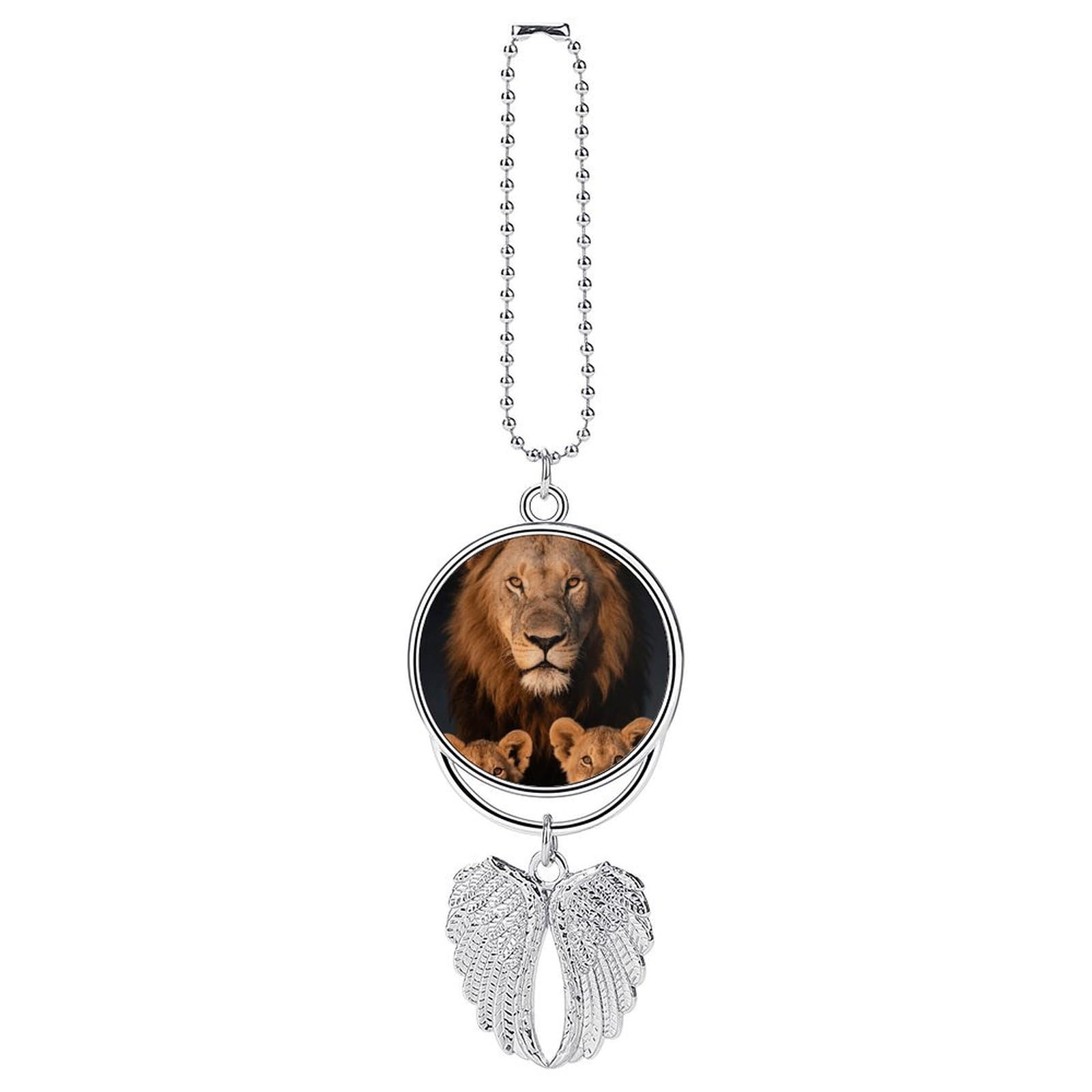 Lion Family with Cubs Guardian Angel Wing Car Ornament for Mirror, Zinc Alloy Hanging Charm with Spiritual Design for Protection, Rearview Mirror Accessory Decor Gift for Women Men(Silver)
