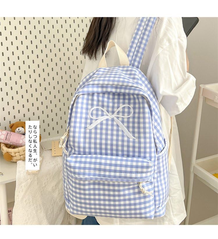 Womens Small Cute Trendy Plaid Preppy Backpack Y2k Aesthetic Kawaii Bow Checkered Daypack Coquette Laptop Bag (Blue)3