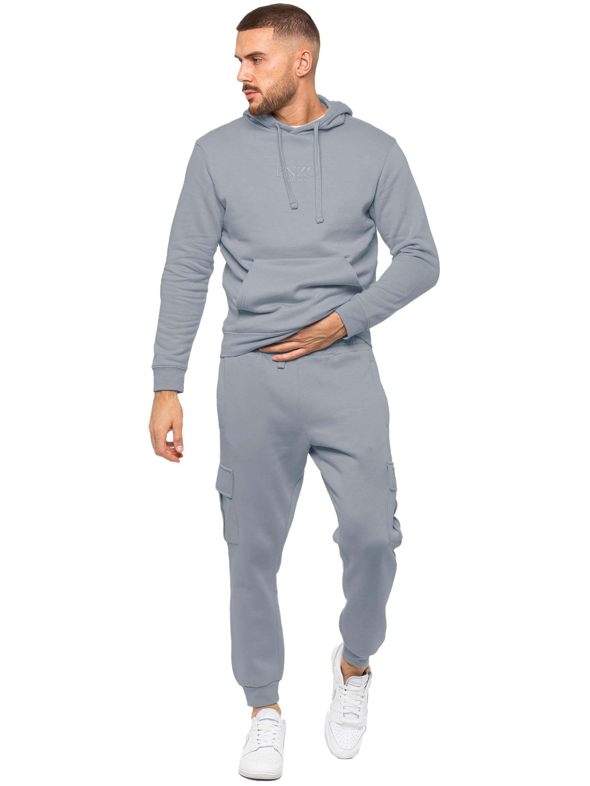 989Zé Enzo Men's Coastal Blue Tracksuit Hooded Fleece Sweatshirt Overhead Hoodie Pullover Casual Fleece Cargo Combat Joggers Sweatpants Set (Uk, Alpha, S, Regular, Regular, )