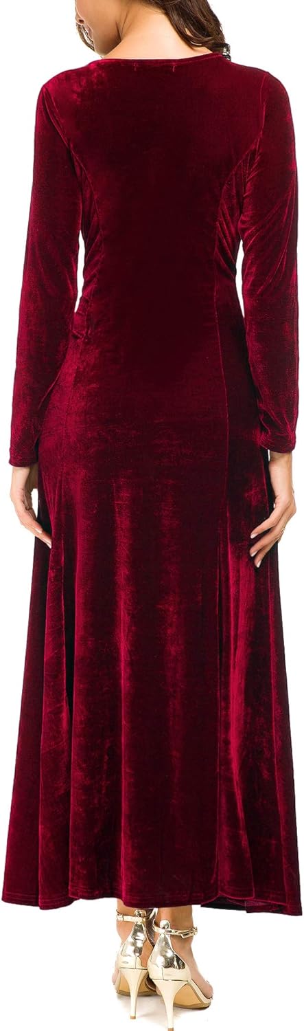 Urban CoCo Women's Elegant Long Sleeve Ruched Velvet Stretchy Long Dress - Image 5