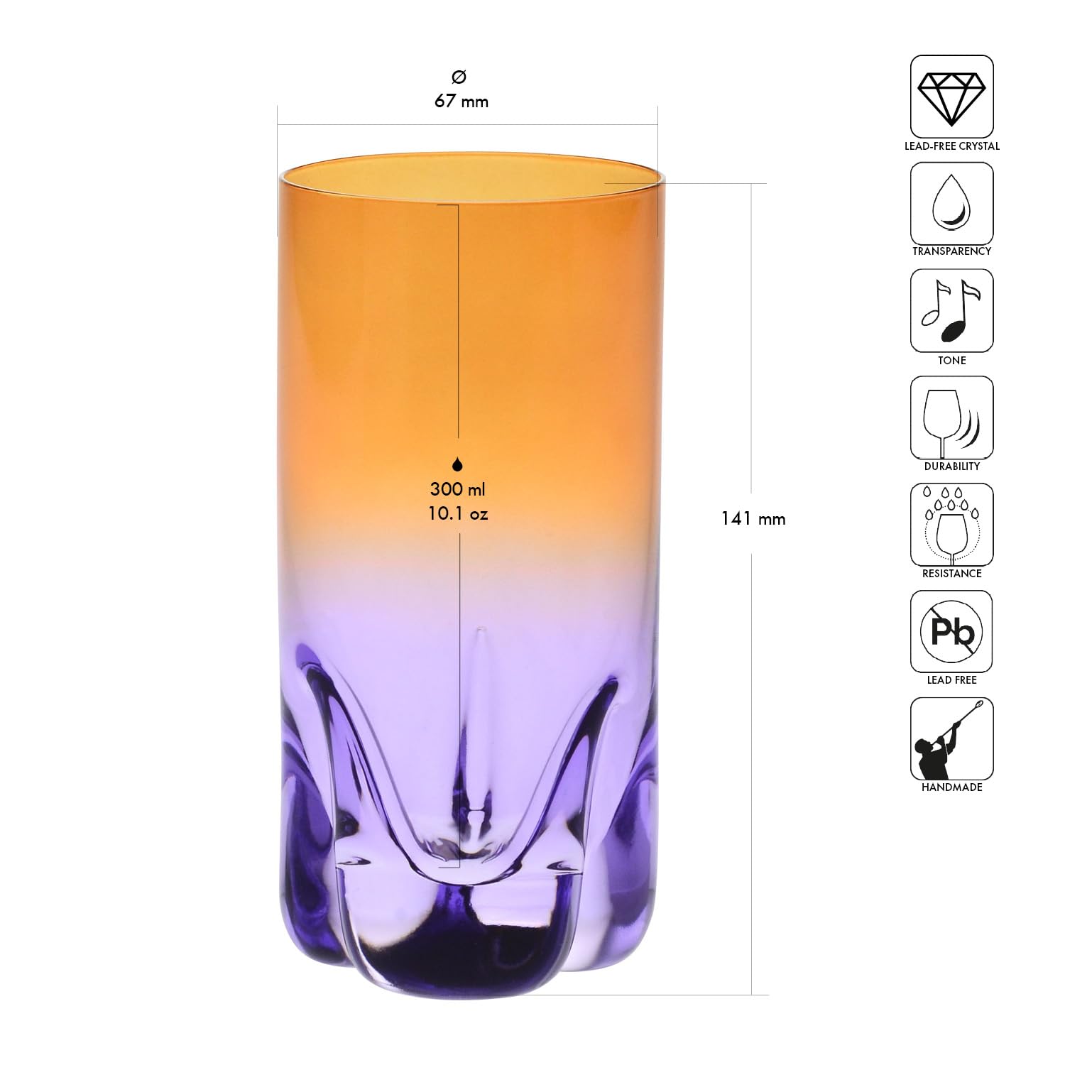 Krosno – Vasos para Bebidas, Agua y Zumos 300 ml – Set de 4 unidades en 4 colores diferentes – Colección Aurora – Cristal sin Plomo – Pintados a Mano