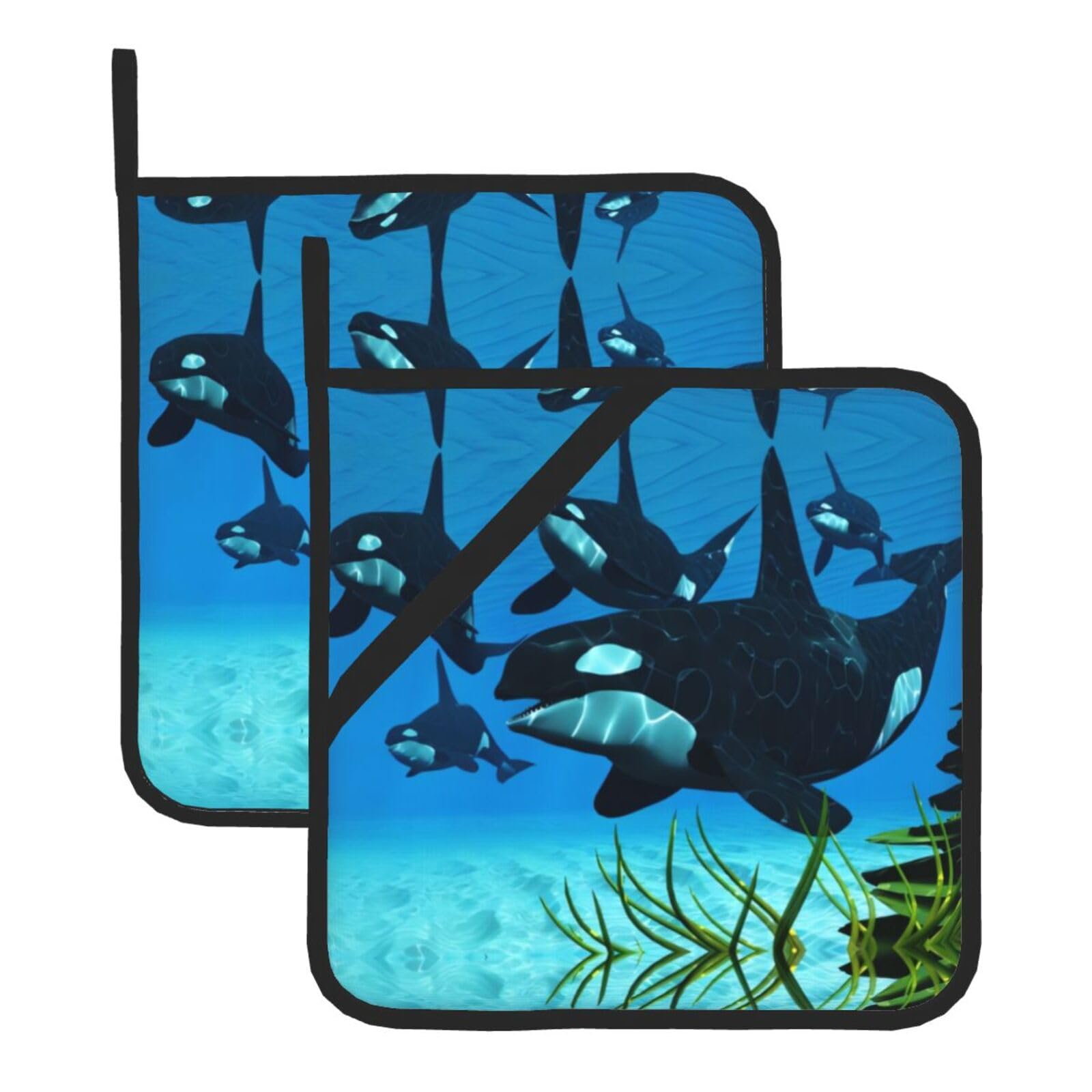 WHJSSF Killer Whales Swim Along Prints Square Pot Holders - Heat Resistant Kitchen Trivets 2-Pack - Waterproof Covers for Hot Dishes, Oven & Grill with Hanging Loop