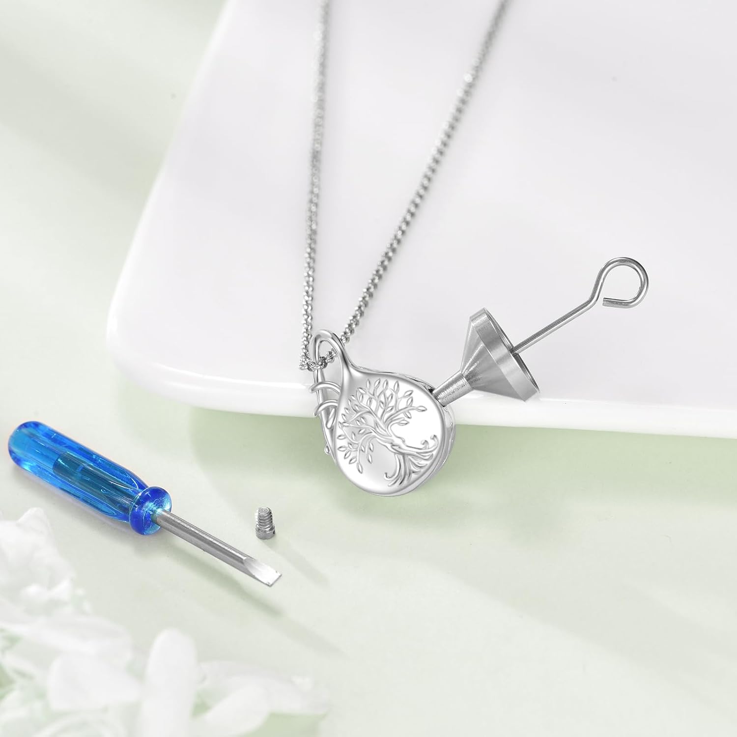 925 Sterling Silver Tree of Life Urn Necklaces for Ashes, Teardrop Memorial Keepsake with Funnel Filler Cremation Jewelry Dainty Memorial Gifts for Her Mom Grandma Sister 18+2" - Image 3