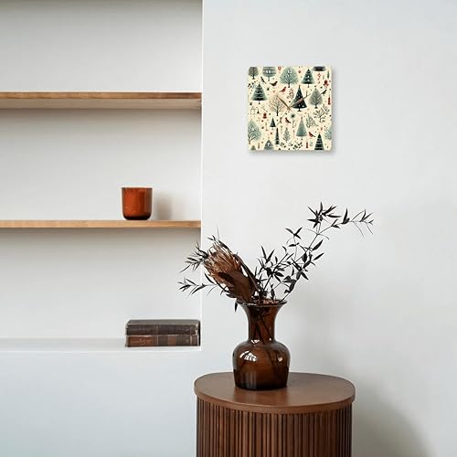 Miniatura 8 de 3dRose, Un patrón navideño caprichoso con pájaros y árboles de Navidad vintage, reloj de pared de 10 x 10