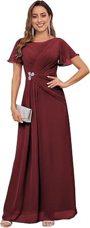 Mother of The Bride Dresses Short Sleeve A-line Scoop Ankle Length Chiffon Elegant Wedding Guest Dress with Beading Pleated Burgundy