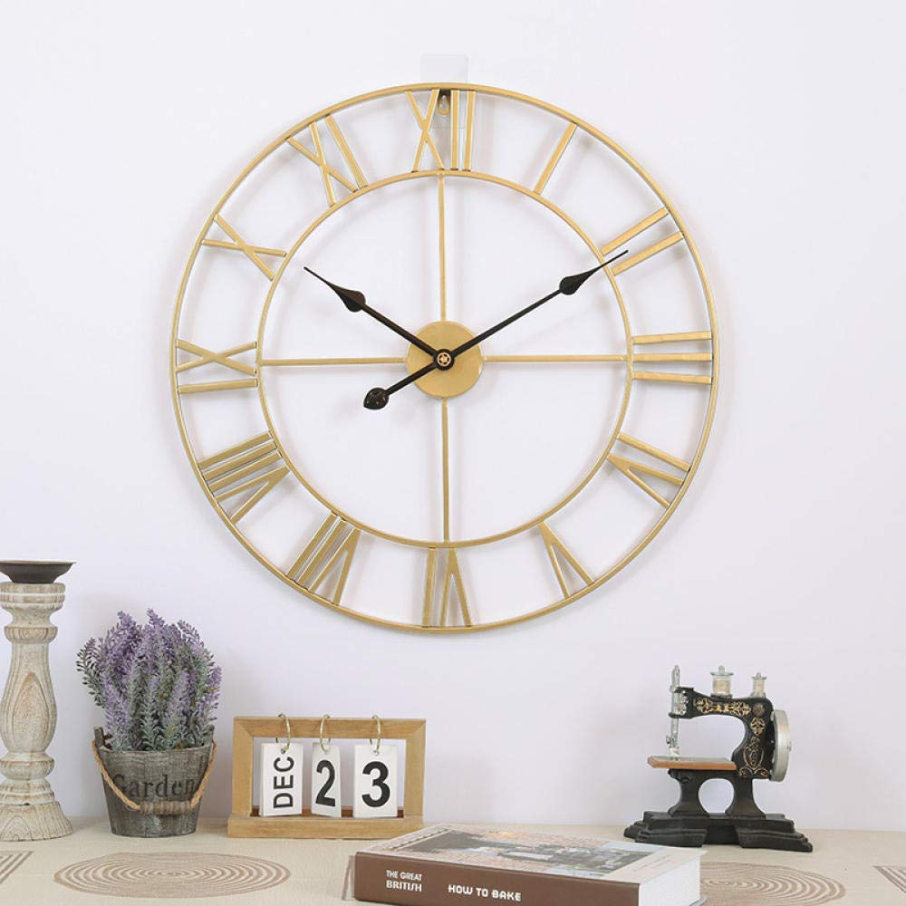 XJBTBA Zegar ścienny Zegar ścienny Artystyczny zegar ścienny Cichy metalowy zegar ścienny, europejski przemysłowy vintage z dużymi cyframi rzymskimi, retro do dekoracji wnętrz-Złoto-60cm Zegar