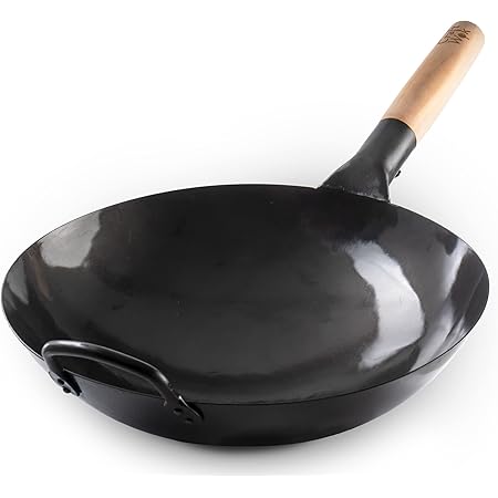Craft Wok Black13 Pre-Seasoned Hand Hammered Carbon Steel Pow Wok with Wooden and Steel Helper Handle (13 Inch, Round Bottom)
