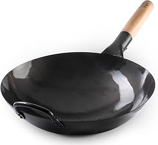 Craft Wok Pow Wok de acero al carbono martillado a mano negro 13 pre-sazonado con mango auxiliar de madera y acero (13 pulgadas, fondo redondo)