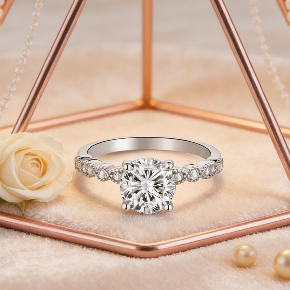 Blocaci 1-1/5 Carat (ctw) Classic Round Engagement Rings for Women Platinum Plated Silver Moissanite Engagement Ring Anniversary Promise Ring