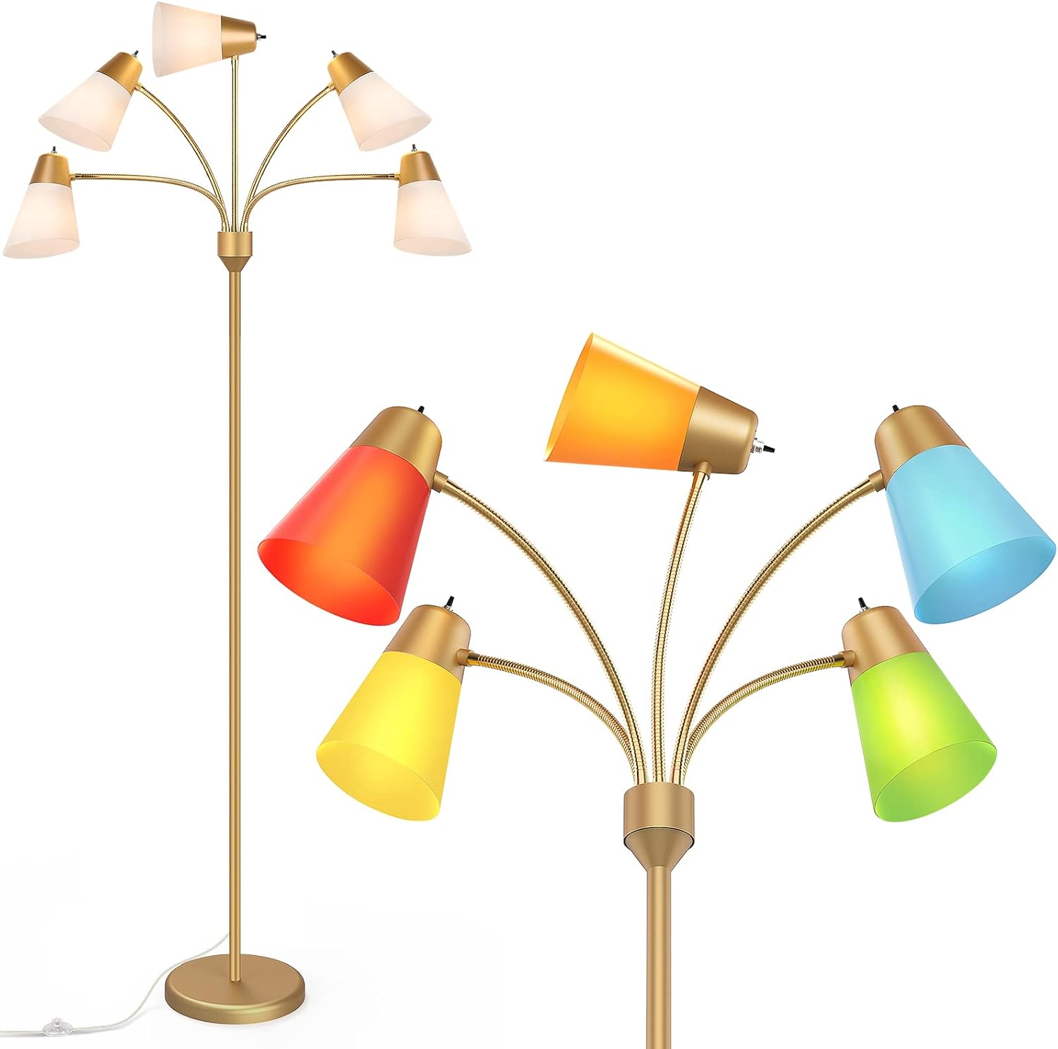 FOLKSMATE LED Floor Lamp, Medusa Multi Head Modern Tall Standing Lamps, Adjustable Corner Reading Floor Light for Living Room, Bedroom, Kids Room, White and Colored Lampshades, Brass Gold