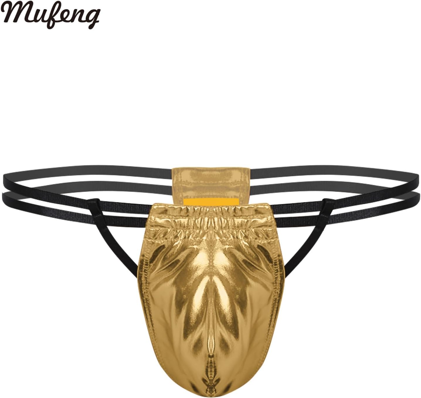 Mufeng Mens Sexy Shiny Metallic Underwear Strappy Double Waistband Bulge Pouch Thongs Underpants