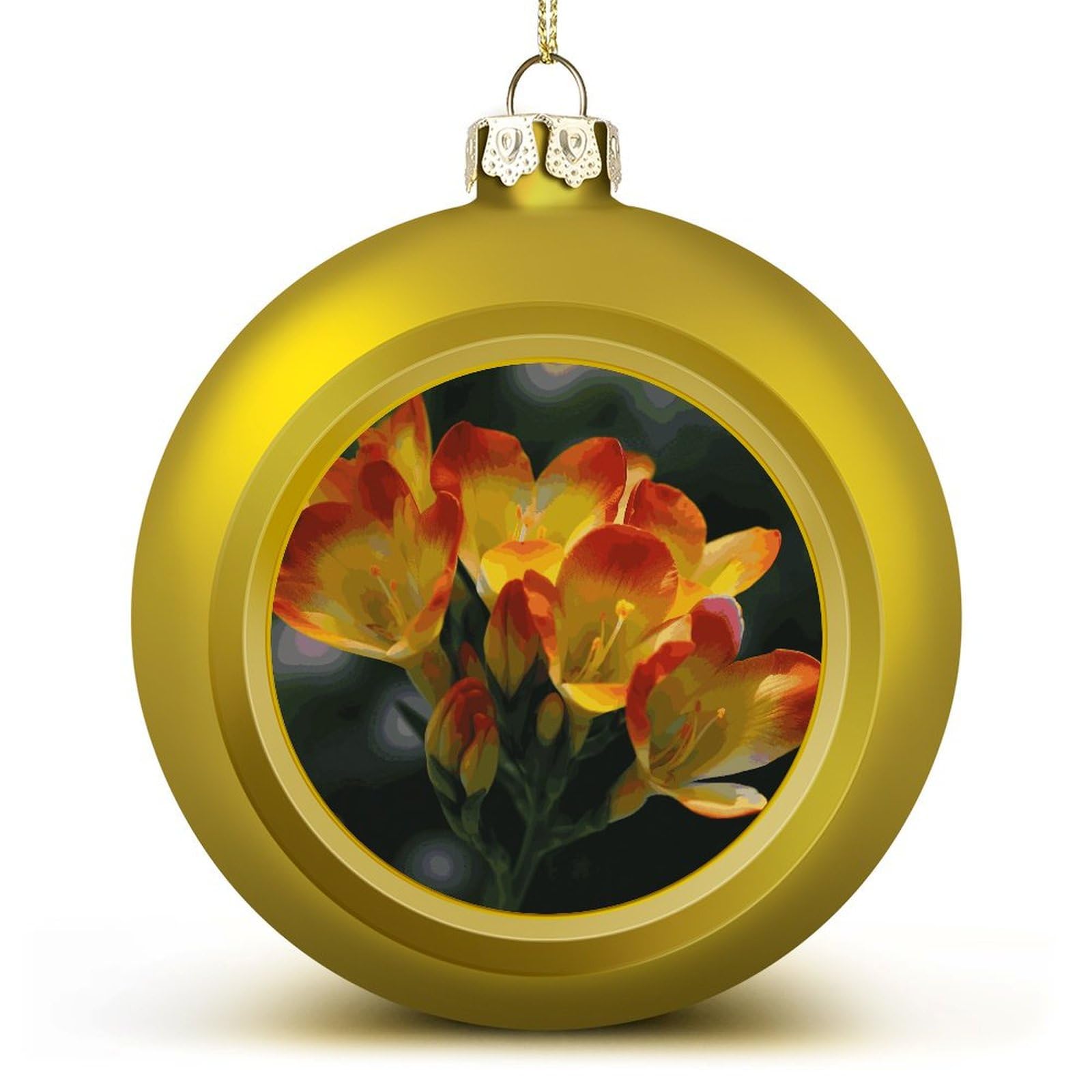 Freesia Beautiful Plant Flower Christmas Ball Shatterproof Christmas Hanging Ornaments Round Xmas Tree Balls Christmas Ornament for Xmas Tree Decor with Lanyard Red & Gold