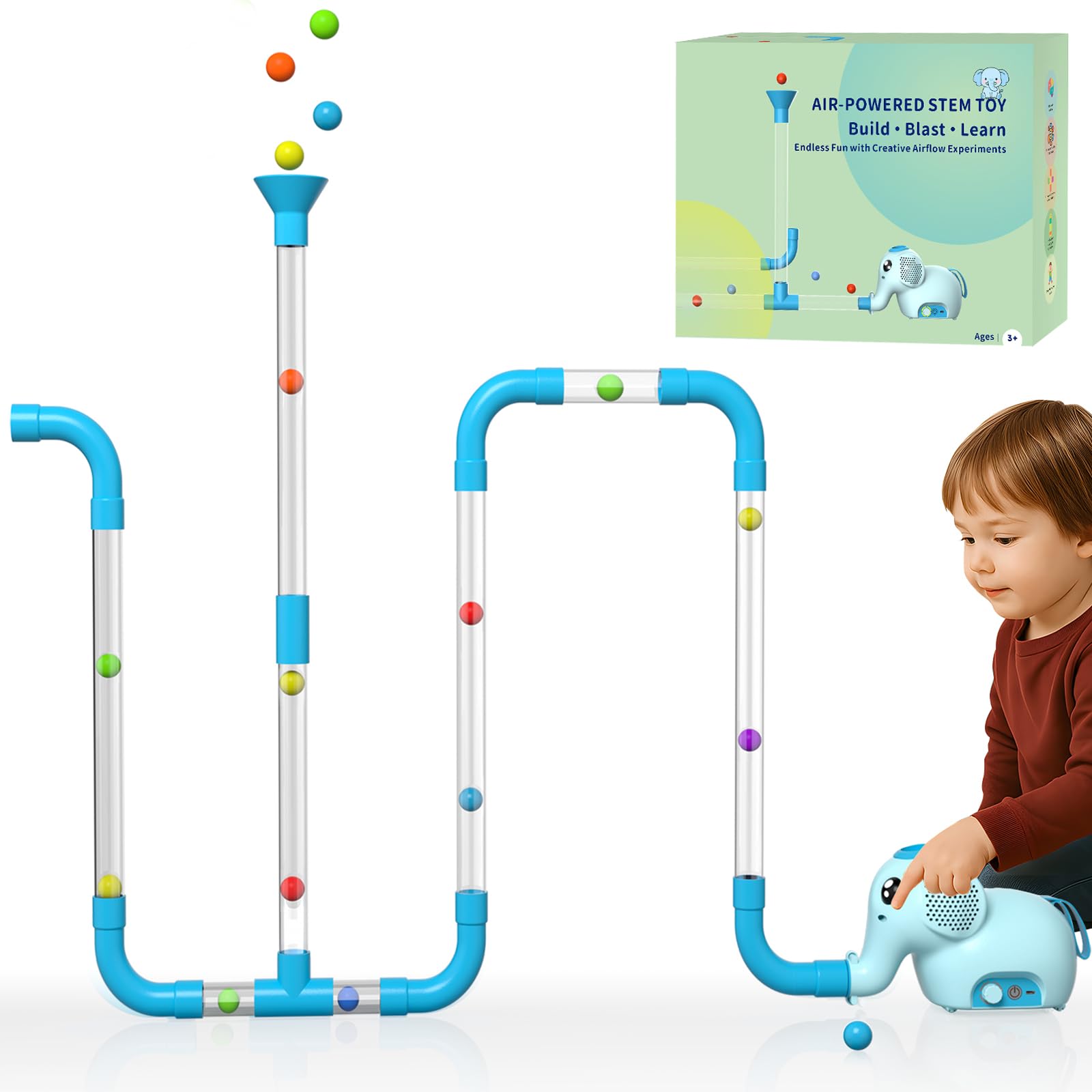 STEM Air-Powered Building Toys for Kids Ages 3 4 5 6 7 8+– Educational Air Tubes Toy& Turbine Set with 30 Foam Balls – Rechargeable Construction Kit for Boys & Girls – Fun Science Gift for Teens