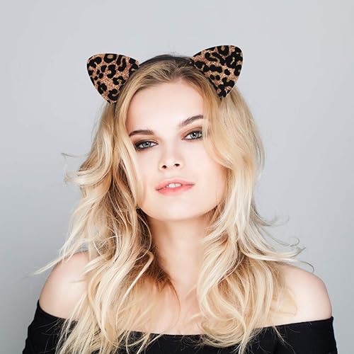 Miniatura 6 de FRCOLOR Diadema de orejas de gato, diadema mejorada de lentejuelas con purpurina de doble cara con estampado de leopardo para fiestas diarias,