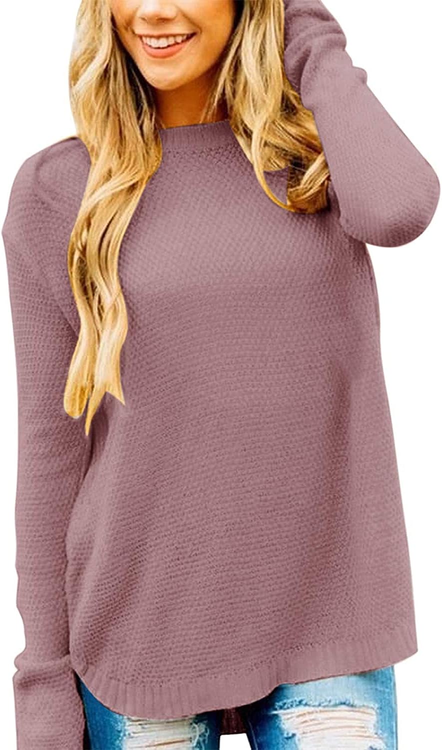 LEANI Womens 2025 Long Sleeve Crew Neck Pullover Sweater Loose Casual Soft Knit Jumper Tops