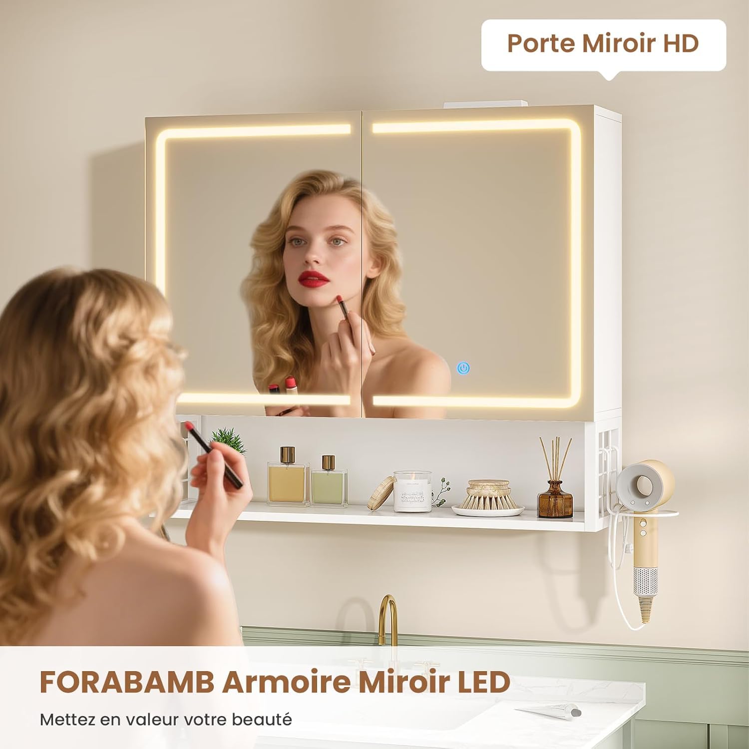 Specchio Bagno 70x16x60 cm con Luce LED Regolabile, Specchio Bagno Contenitore con Mensole Regolabili, Mobile Specchio Bagno con Presa Elettrica e Supporto per Asciugacapelli, Controllo Touch